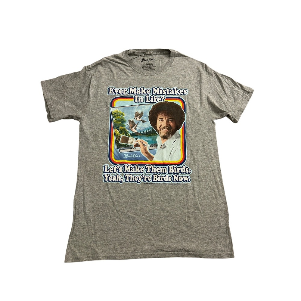 Bob Ross Graphic T-Shirt Mens Small Gray Excellent Happy Accidents Birds Quote
